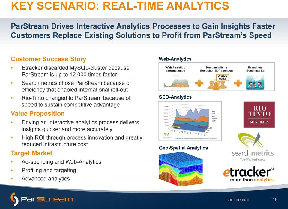 000 times faster Searchmetrics chose ParStream because of efficiency that enabled international roll-out Rio-Tinto changed to ParStream because of speed to sustain competitive advantage Value