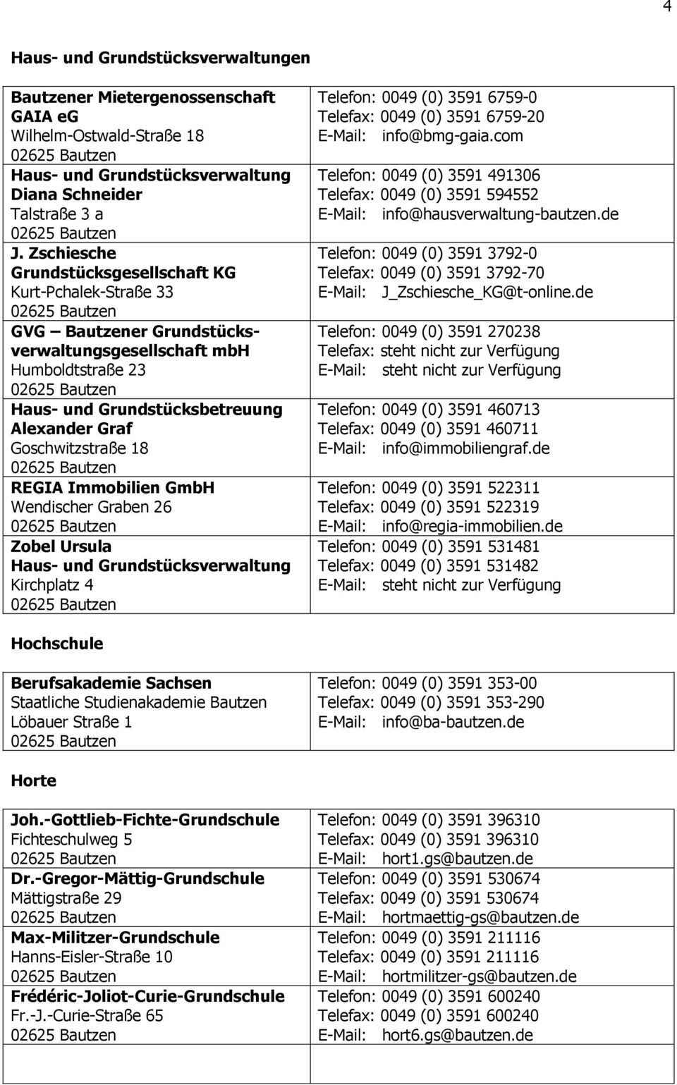 REGIA Immobilien GmbH Wendischer Graben 26 Zobel Ursula Haus- und Grundstücksverwaltung Kirchplatz 4 Telefon: 0049 (0) 3591 6759-0 Telefax: 0049 (0) 3591 6759-20 E-Mail: info@bmg-gaia.