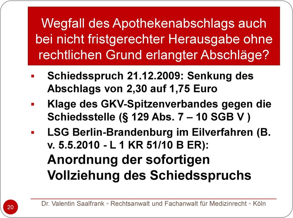 2009: Senkung des Abschlags von 2,30 auf 1,75 Euro Klage des GKV-Spitzenverbandes gegen die