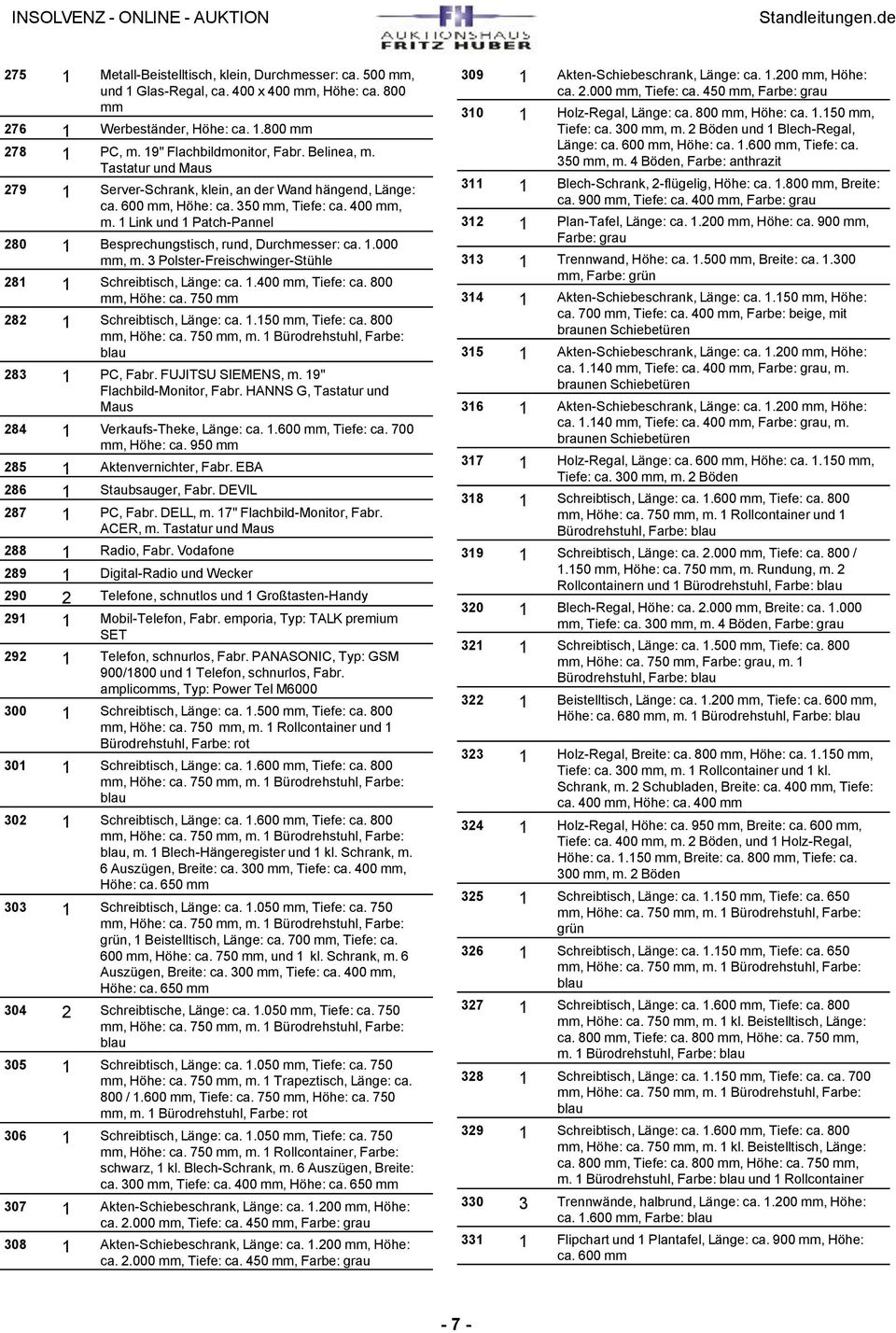 3 Polster-Freischwinger-Stühle 281 1 Schreibtisch, Länge: ca. 1.400 mm, Tiefe: ca. 800 mm, Höhe: ca. 750 mm 282 1 Schreibtisch, Länge: ca. 1.150 mm, Tiefe: ca. 800 283 1 PC, Fabr. FUJITSU SIEMENS, m.