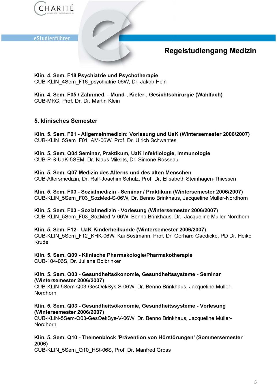 ster Klin. 5. Sem. F01 - Allgemeinmedizin: Vorlesung und UaK (Wintersemester 2006/2007) CUB-KLIN_5Sem_F01_AM-06W, Prof. Dr. Ulrich Schwantes Klin. 5. Sem. Q04 Seminar, Praktikum, UaK Infektiologie, Immunologie CUB-P-S-UaK-5SEM, Dr.