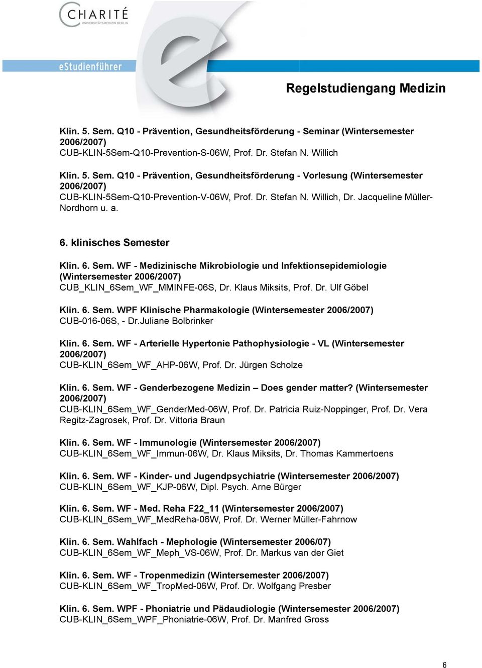 Klaus Miksits, Prof. Dr. Ulf Göbel Klin. 6. Sem. WPF Klinische Pharmakologie (Wintersemester 2006/2007) CUB-016-06S, - Dr.Juliane Bolbrinker Klin. 6. Sem. WF - Arterielle Hypertonie Pathophysiologie - VL (Wintersemester 2006/2007) CUB-KLIN_6Sem_WF_AHP-06W, Prof.
