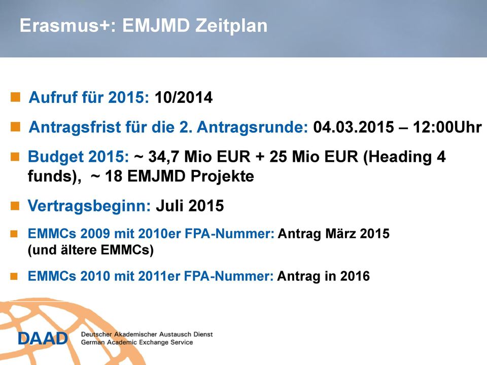 2015 12:00Uhr Budget 2015: ~ 34,7 Mio EUR + 25 Mio EUR (Heading 4 funds), ~ 18 EMJMD