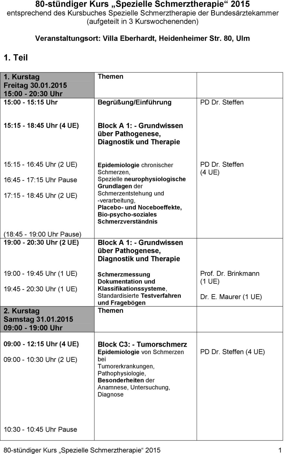 Steffen 15:15-18:45 Uhr (4 UE) Block A 1: - Grundwissen über Pathogenese, Diagnostik und Therapie 15:15-16:45 Uhr (2 UE) 16:45-17:15 Uhr Pause 17:15-18:45 Uhr (2 UE) (18:45-19:00 Uhr Pause)