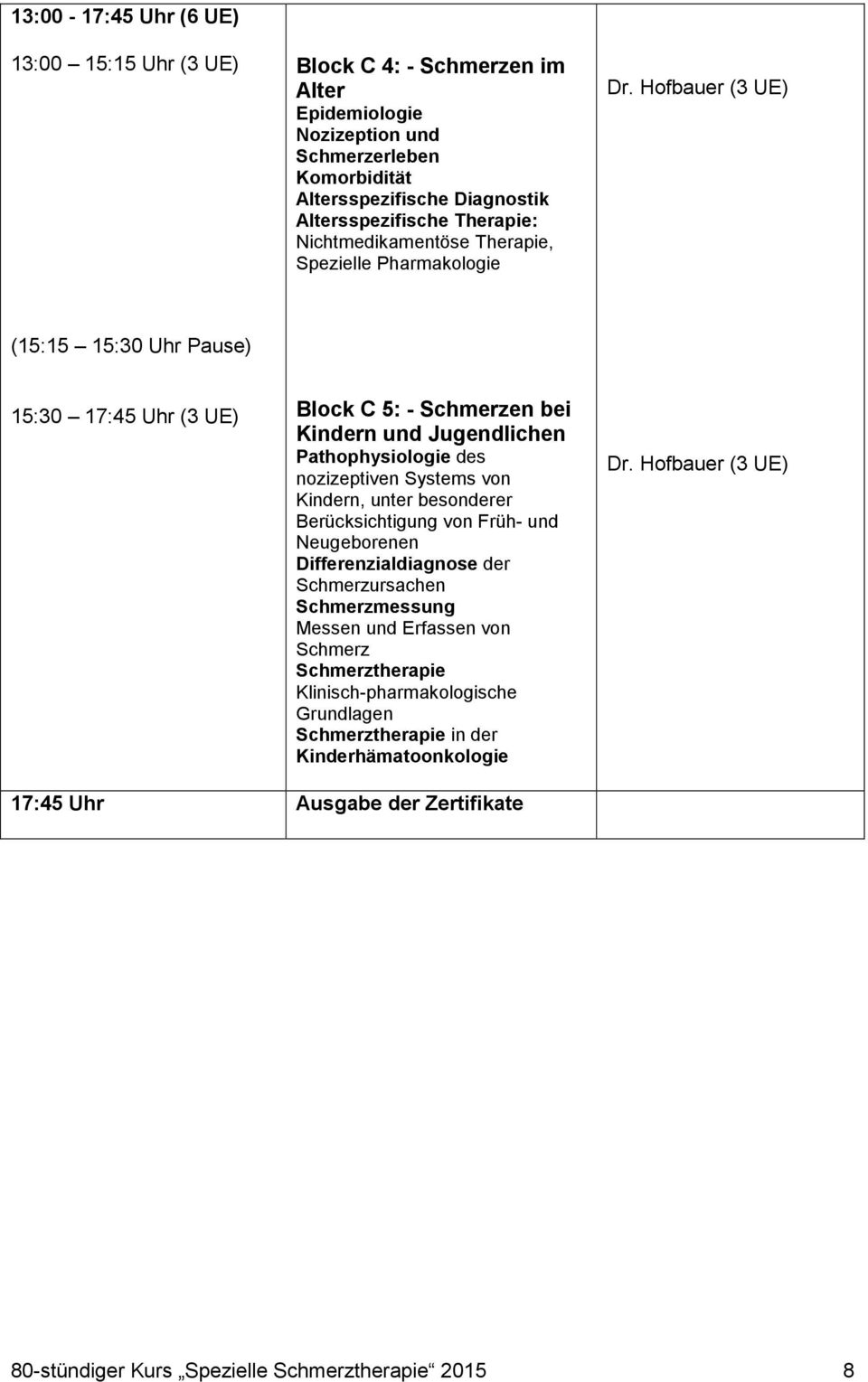 Hofbauer (3 UE) (15:15 15:30 Uhr Pause) 15:30 17:45 Uhr (3 UE) Block C 5: - Schmerzen bei Kindern und Jugendlichen Pathophysiologie des nozizeptiven Systems von Kindern, unter besonderer