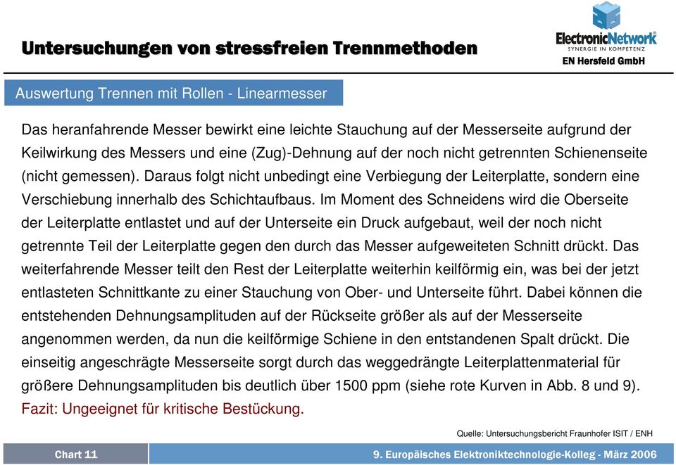 Im Moment des Schneidens wird die Oberseite der Leiterplatte entlastet und auf der Unterseite ein Druck aufgebaut, weil der noch nicht getrennte Teil der Leiterplatte gegen den durch das Messer