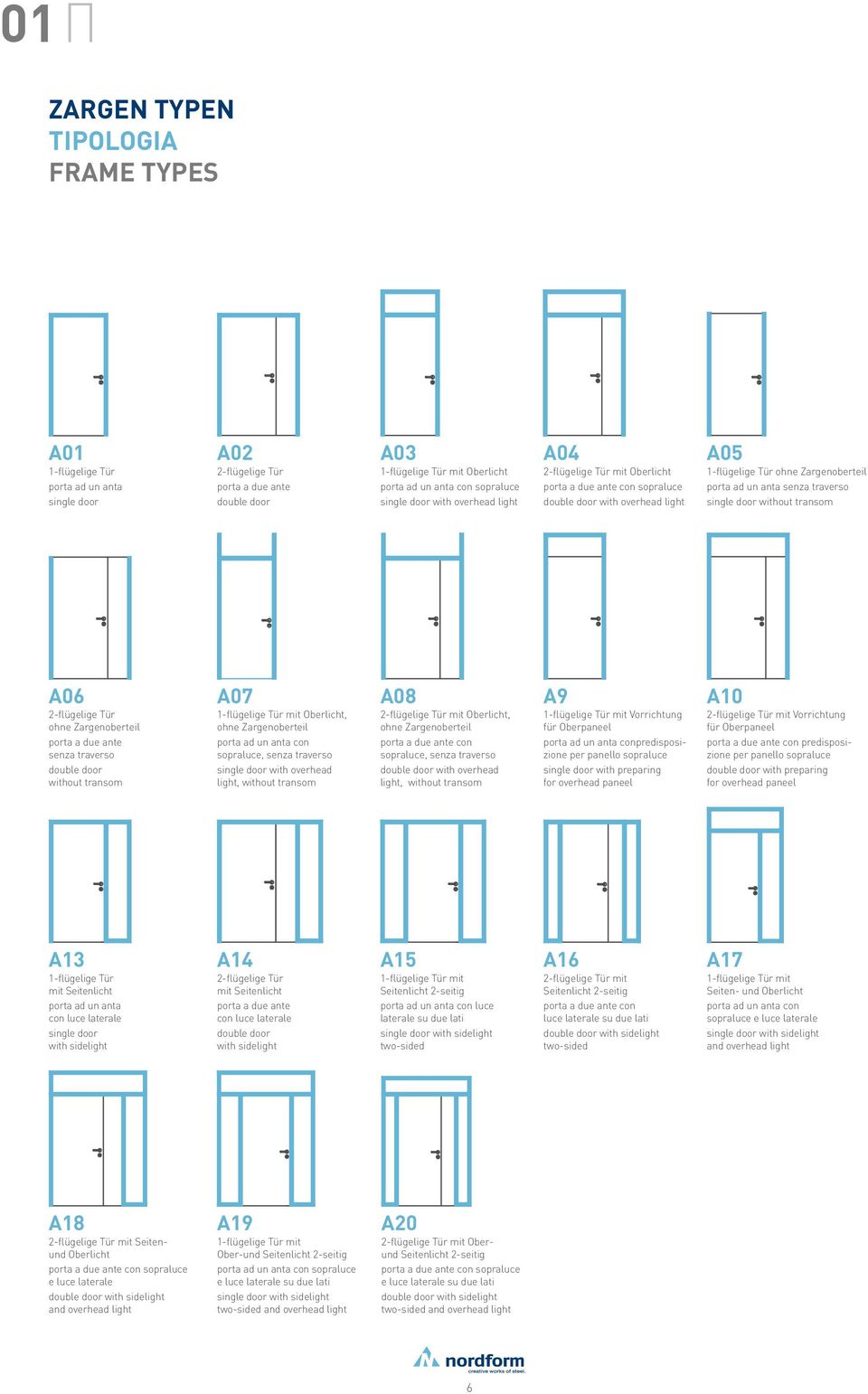 senza traverso single door without transom A06 2-flügelige Tür ohne Zargenoberteil porta a due ante senza traverso double door without transom A07 1-flügelige Tür mit Oberlicht, ohne Zargenoberteil