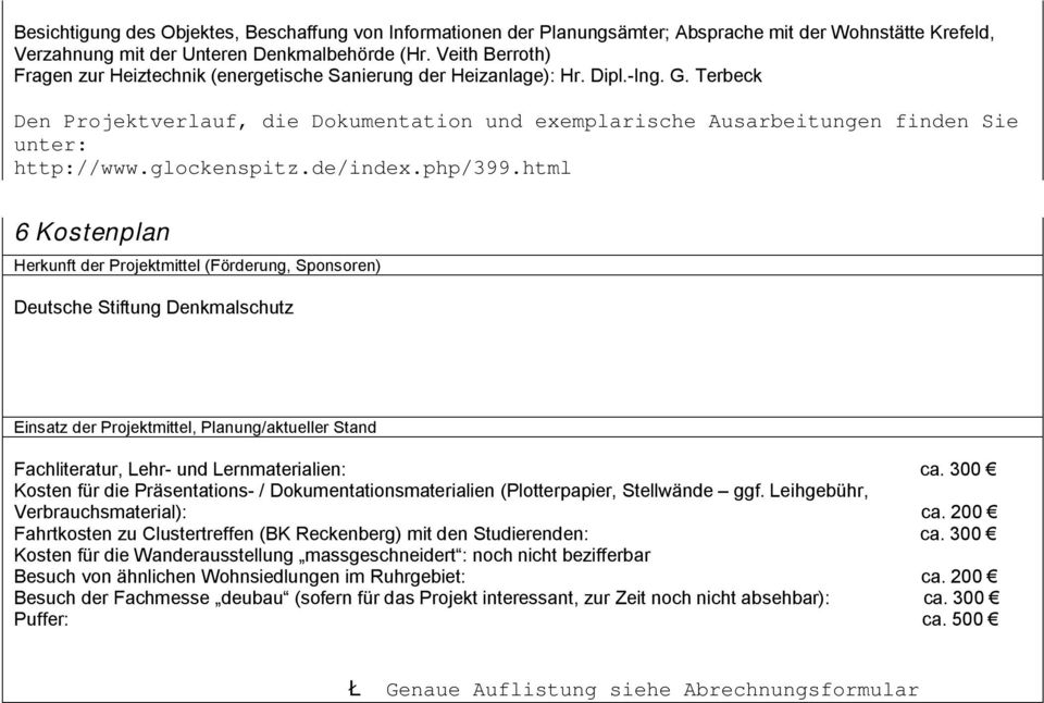 Terbeck Den Projektverlauf, die Dokumentation und exemplarische Ausarbeitungen finden Sie unter: http://www.glockenspitz.de/index.php/399.