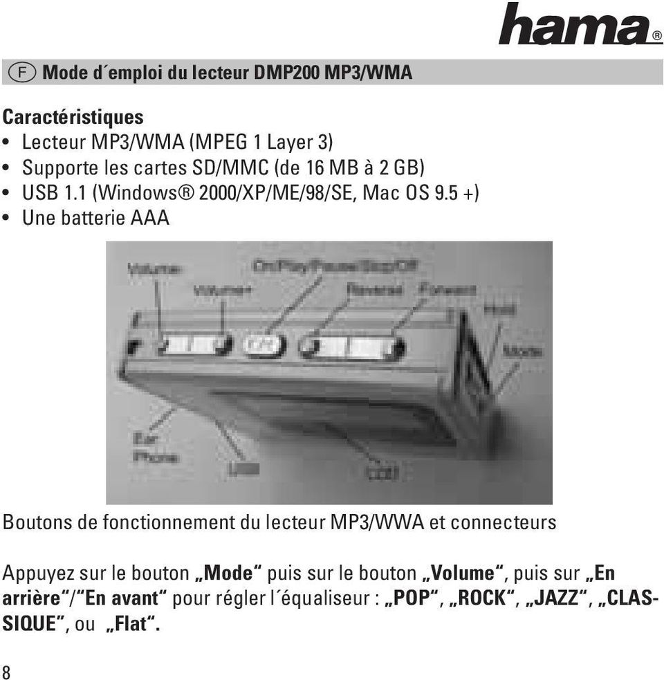 5 +) Une batterie AAA Boutons de fonctionnement du lecteur MP3/WWA et connecteurs Appuyez sur le bouton