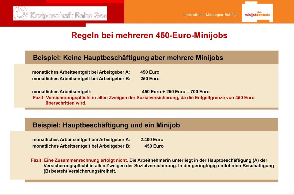 Geringfügig entlohnte Beschäftigung Beispiel: Hauptbeschäftigung und ein Minijob monatliches Arbeitsentgelt bei Arbeitgeber A: monatliches Arbeitsentgelt bei Arbeitgeber B: 2.