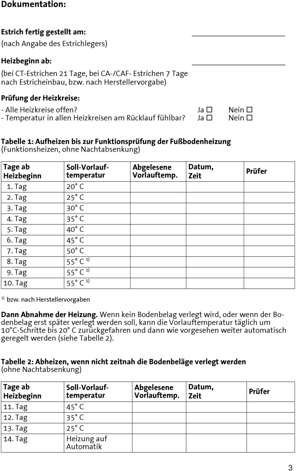 Ja Nein Tabelle 1: Aufheizen bis zur Funktionsprüfung der Fußbodenheizung (Funktionsheizen, ohne Nachtabsenkung) e ab Soll-Vorlauftemperatur 1. 20 C 2. 25 C 3. 30 C 4. 35 C 5. 40 C 6. 45 C 7. 50 C 8.