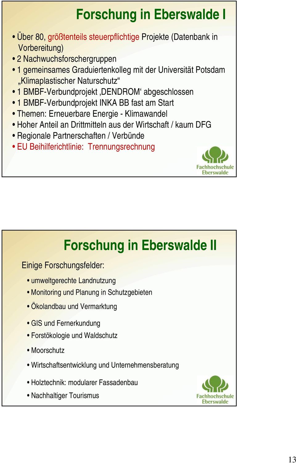 Wirtschaft / kaum DFG Regionale Partnerschaften / Verbünde EU Beihilferichtlinie: Trennungsrechnung Forschung in Eberswalde II Einige Forschungsfelder: umweltgerechte Landnutzung Monitoring und