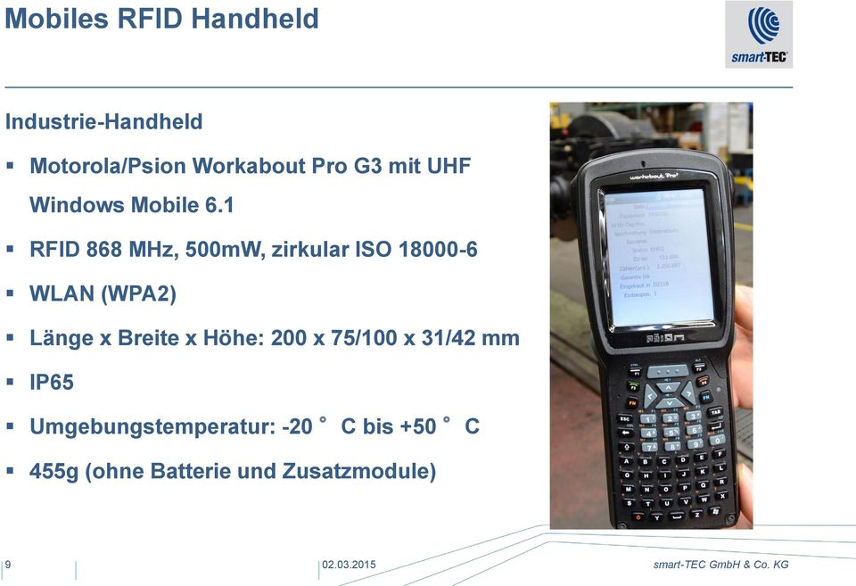 1 RFID 868 MHz, 500mW, zirkular ISO 18000-6 WLAN (WPA2) Länge x Breite