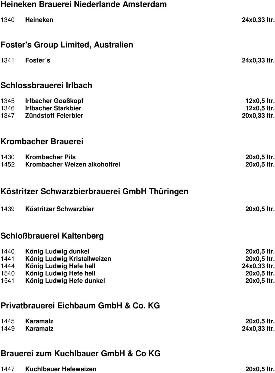 Köstritzer Schwarzbierbrauerei GmbH Thüringen 1439 Köstritzer Schwarzbier 20x0,5 ltr. Schloßbrauerei Kaltenberg 1440 König Ludwig dunkel 20x0,5 ltr. 1441 König Ludwig Kristallweizen 20x0,5 ltr.
