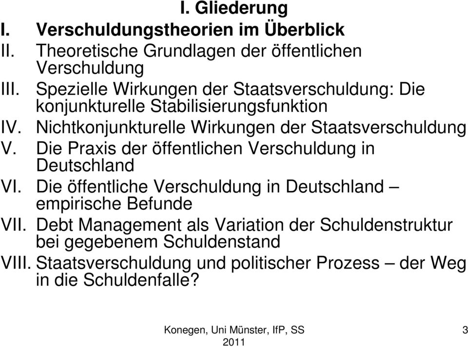 Nichtkonjunkturelle Wirkungen der Staatsverschuldung V. Die Praxis der öffentlichen Verschuldung in Deutschland VI.