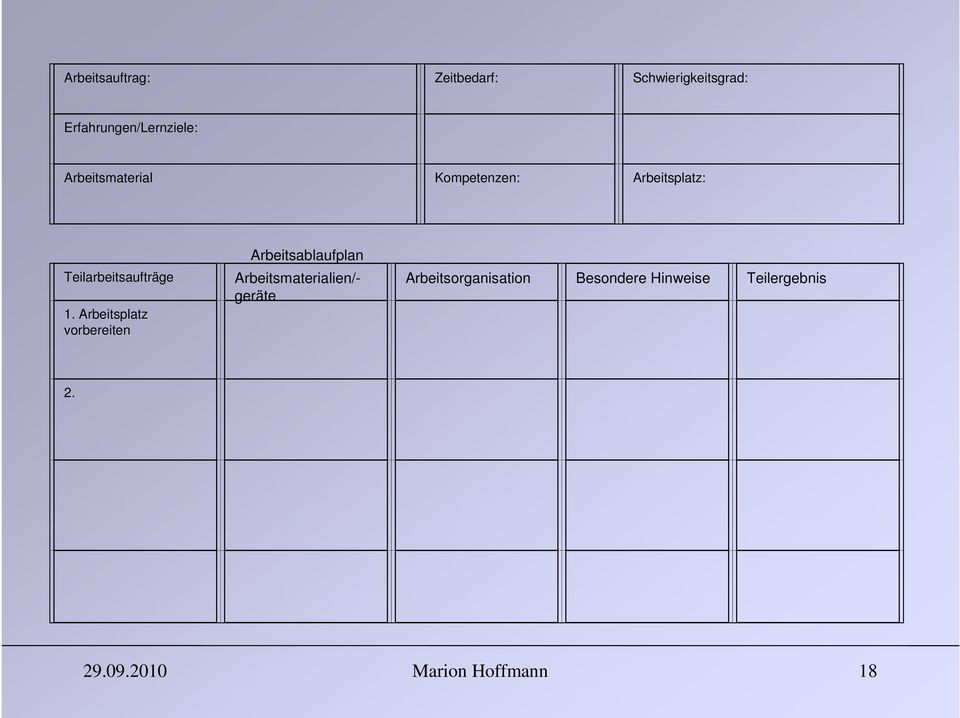 Arbeitsplatz vorbereiten Arbeitsablaufplan Arbeitsmaterialien/- geräte