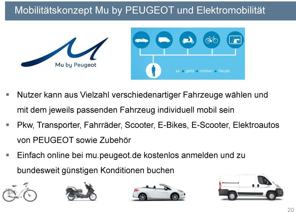 sein Pkw, Transporter, Fahrräder, Scooter, E-Bikes, E-Scooter, Elektroautos von PEUGEOT sowie