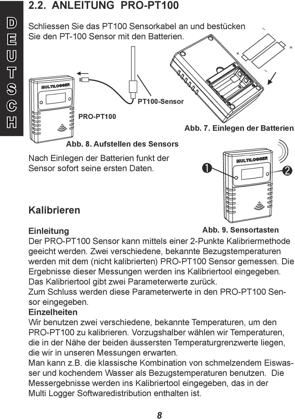 ensortasten Der PRO-PT100 ensor kann mittels einer 2-Punkte Kalibriermethode geeicht werden.