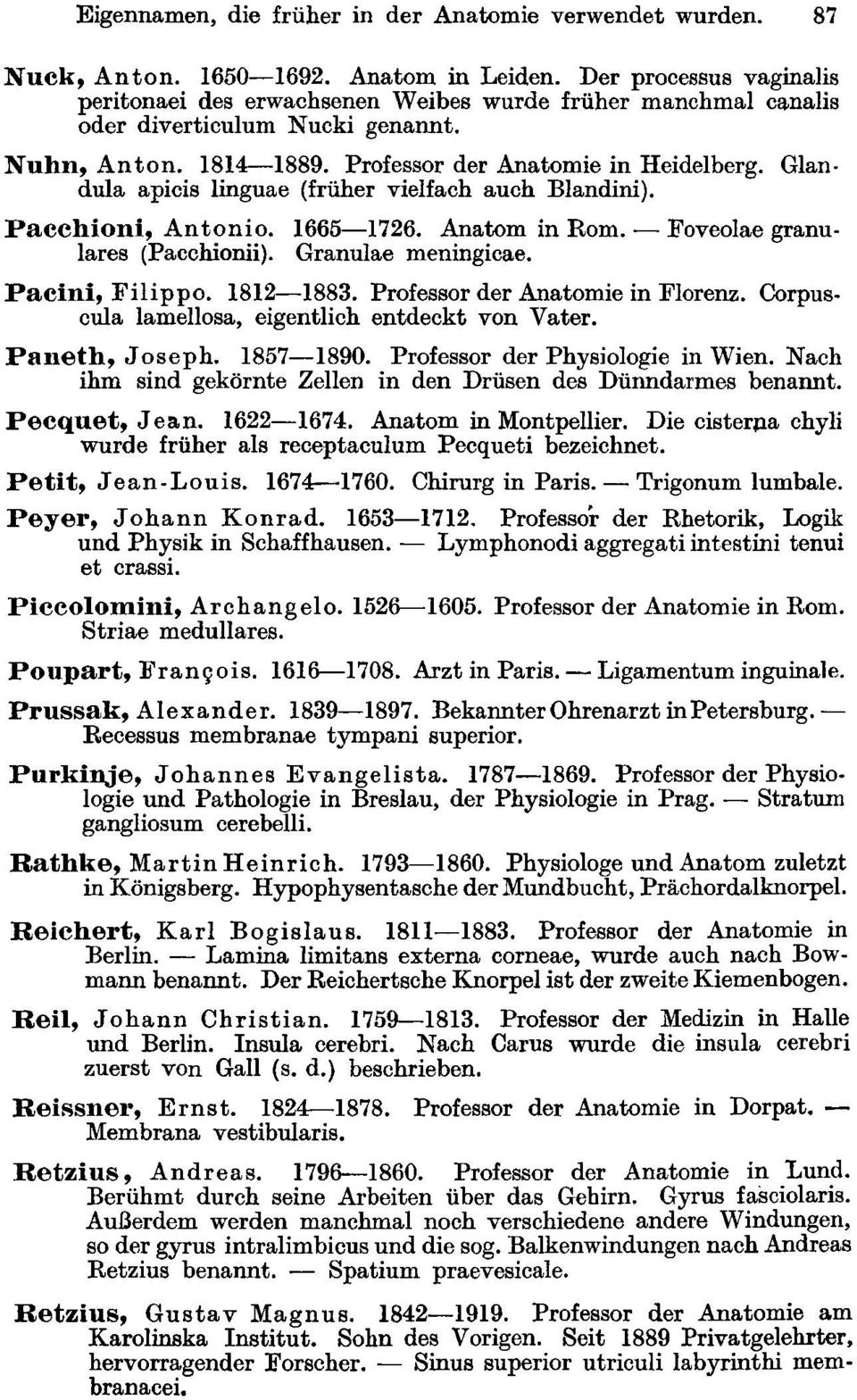 Glandula apicis linguae (früher vielfach auch Blandini). Pacchioni, Antonio. 1665-1726. Anatom in Rom.- Foveolae granulares (Pacchionü). Granulae meningicae. Pacini, Filippo. 1812--1883.