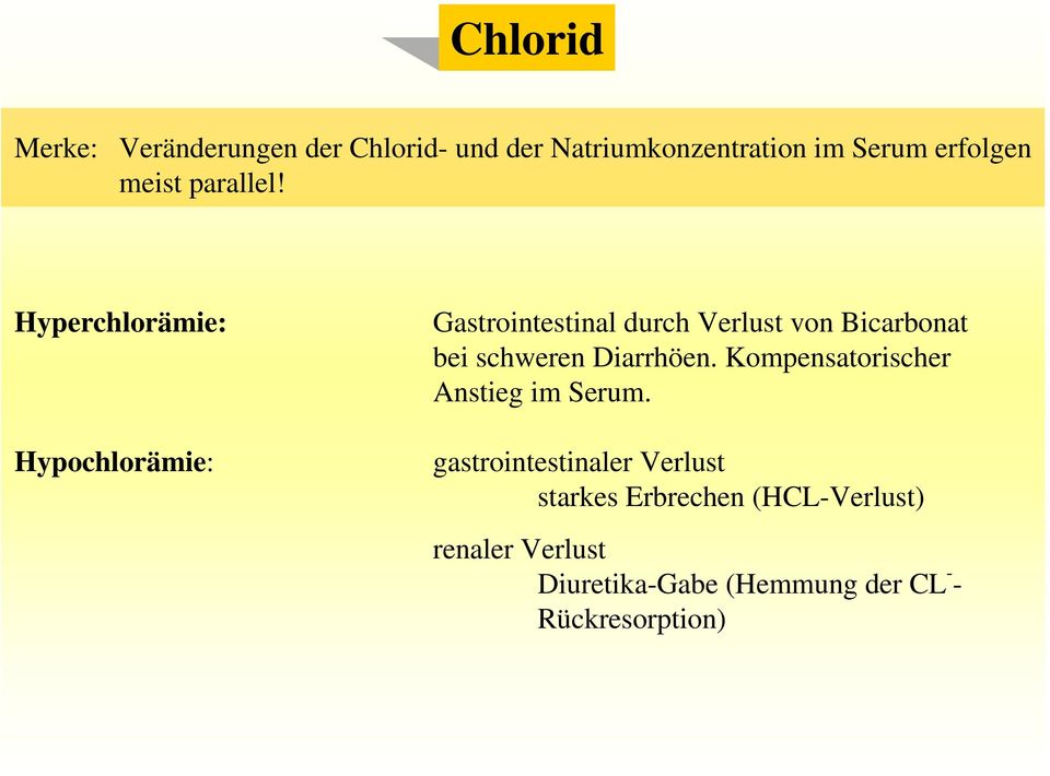 Hyperchlorämie: Hypochlorämie: Gastrointestinal durch Verlust von Bicarbonat bei schweren