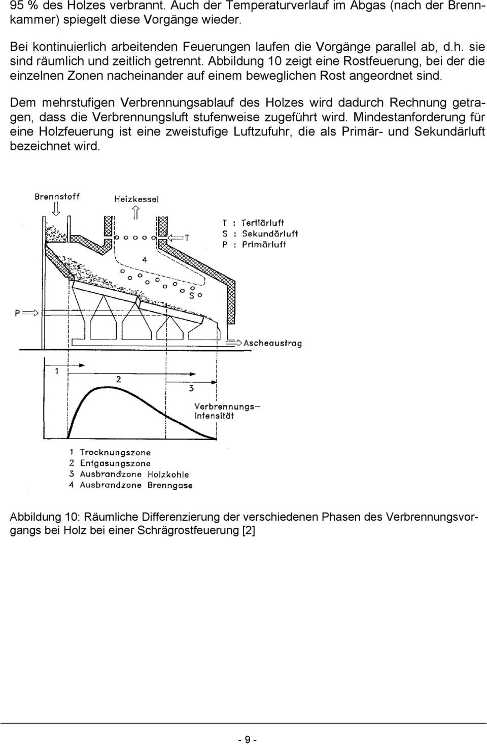 Abbildung 10 zeigt eine Rostfeuerung, bei der die einzelnen Zonen nacheinander auf einem beweglichen Rost angeordnet sind.