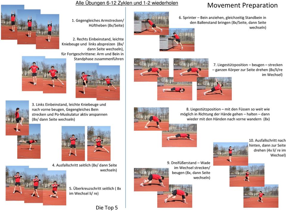 Rechts Einbeinstand, leichte Kniebeuge und links abspreizen (8x/ dann Seite wechseln), für Fortgeschrittene: Arm und Bein in Standphase zusammenführen 7.