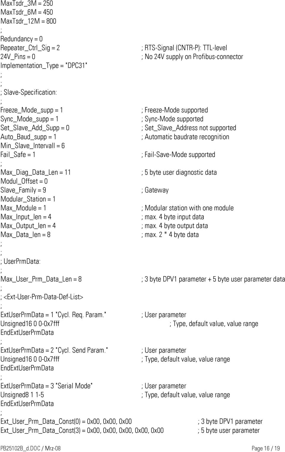Max_Output_len = 4 Max_Data_len = 8 UserPrmData: Max_User_Prm_Data_Len = 8 <Ext-User-Prm-Data-Def-List> ExtUserPrmData = 1 "Cycl. Req. Param.