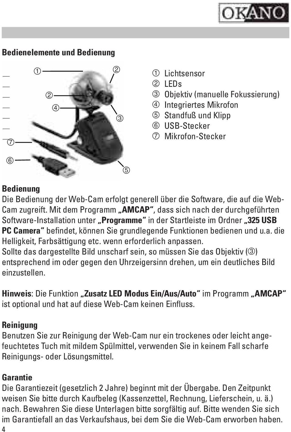 Mit dem Programm AMCAP, dass sich nach der durchgeführten Software-Installation unter Programme in der Startleiste im Ordner 325 USB PC Camera befindet, können Sie grundlegende Funktionen bedienen