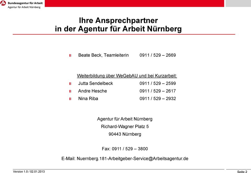 0911 / 529 2617 Nina Riba 0911 / 529 2932 Agentur für Arbeit Nürnberg Richard-Wagner Platz 5