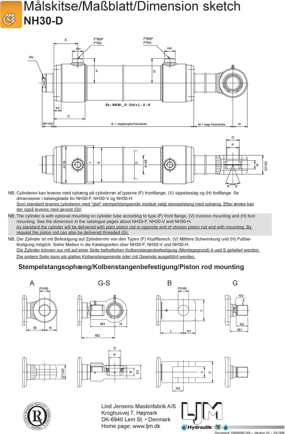 fodflange. Se dimensioner i katalogblade for NH30-F, NH30-V og NH30-H. Som standard leveres cylinderen med "glat" stempelstangsende modsat valgt stempelstang med ophæng.
