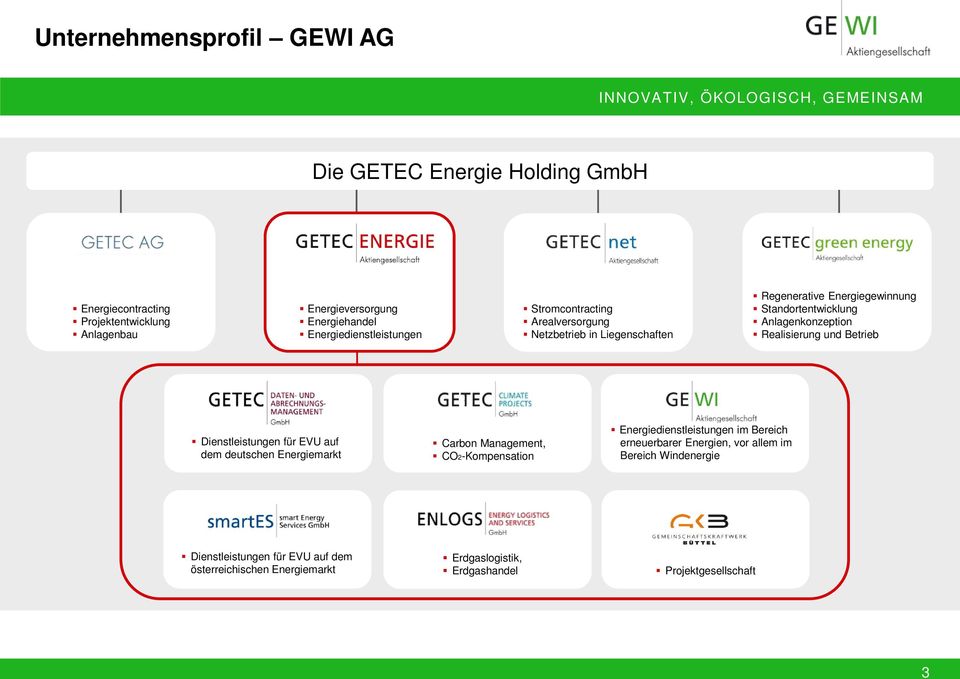 Anlagenkonzeption Realisierung und Betrieb Dienstleistungen für EVU auf dem deutschen Energiemarkt Carbon Management, CO2-Kompensation