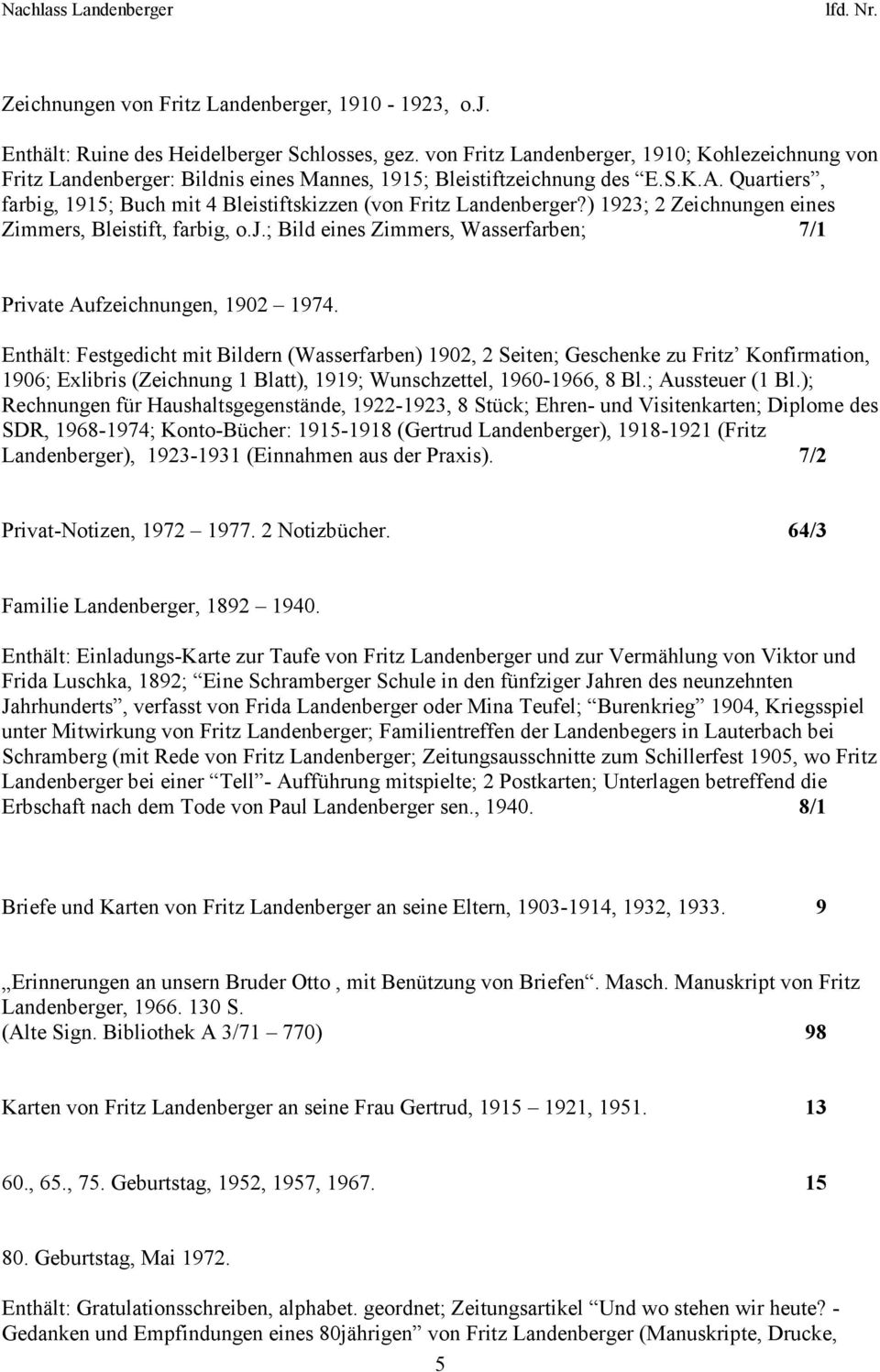 Quartiers, farbig, 1915; Buch mit 4 Bleistiftskizzen (von Fritz Landenberger?) 1923; 2 Zeichnungen eines Zimmers, Bleistift, farbig, o.j.