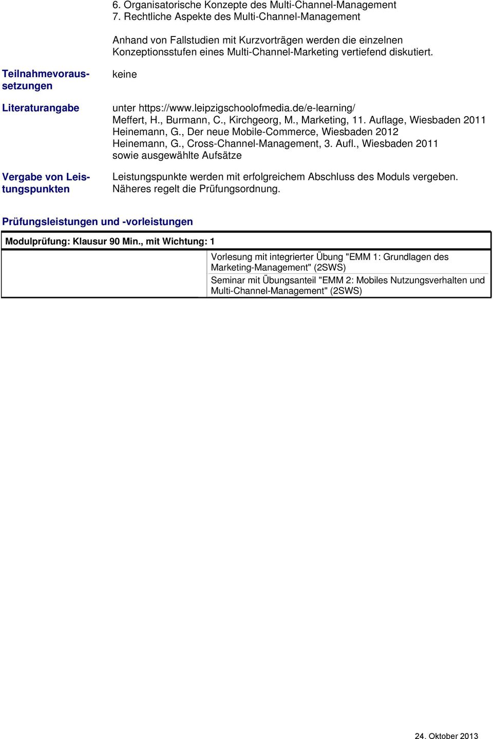 Teilnahmevoraussetzungen Literaturangabe Vergabe von Leistungspunkten Meffert, H., Burmann, C., Kirchgeorg, M., Marketing, 11. Auflage, Wiesbaden 2011 Heinemann, G.