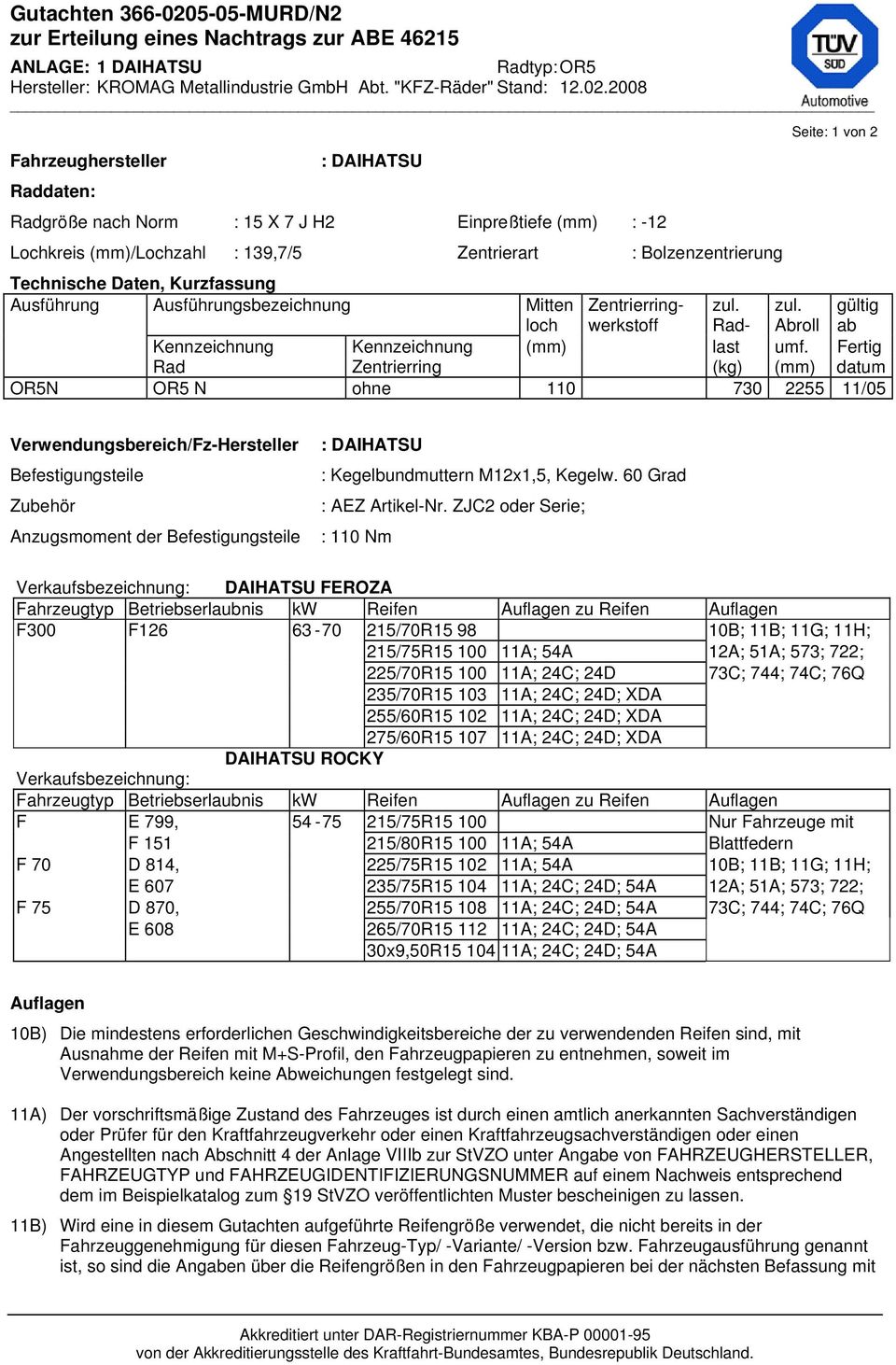 Fertig Rad Zentrierring (kg) (mm) datum OR5N OR5 N ohne 110 730 2255 11/05 Verwendungsbereich/Fz-Hersteller Befestigungsteile Zubehör Anzugsmoment der Befestigungsteile : DAIHATSU : Kegelbundmuttern