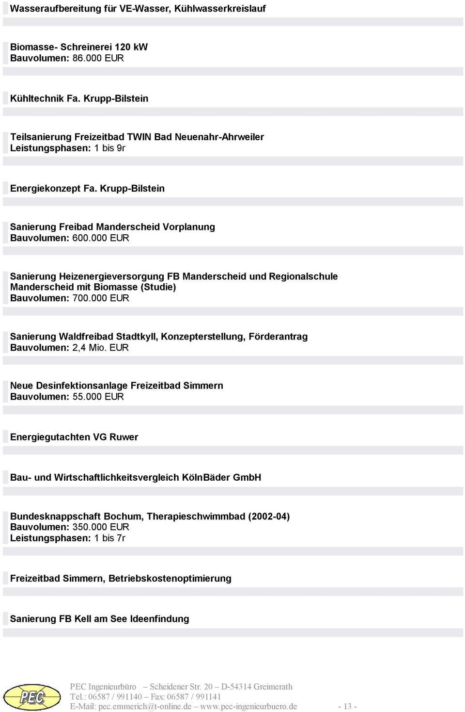 000 EUR Sanierung Heizenergieversorgung FB Manderscheid und Regionalschule Manderscheid mit Biomasse (Studie) Bauvolumen: 700.