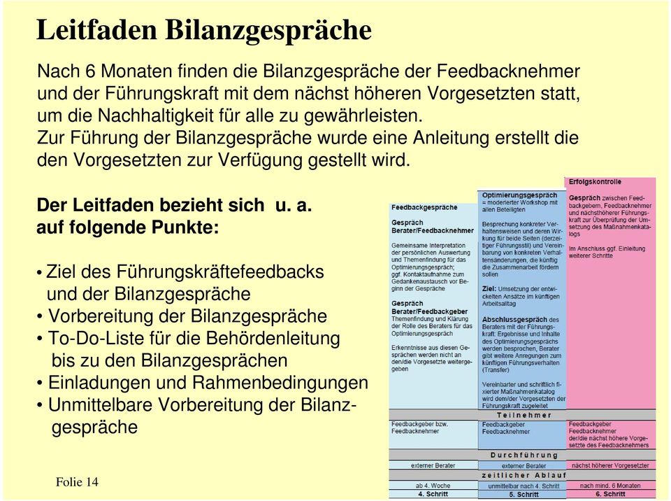 Zur Führung der Bilanzgespräche wurde eine Anleitung erstellt die den Vorgesetzten zur Verfügung gestellt wird. Der Leitfaden bezieht sich u. a.