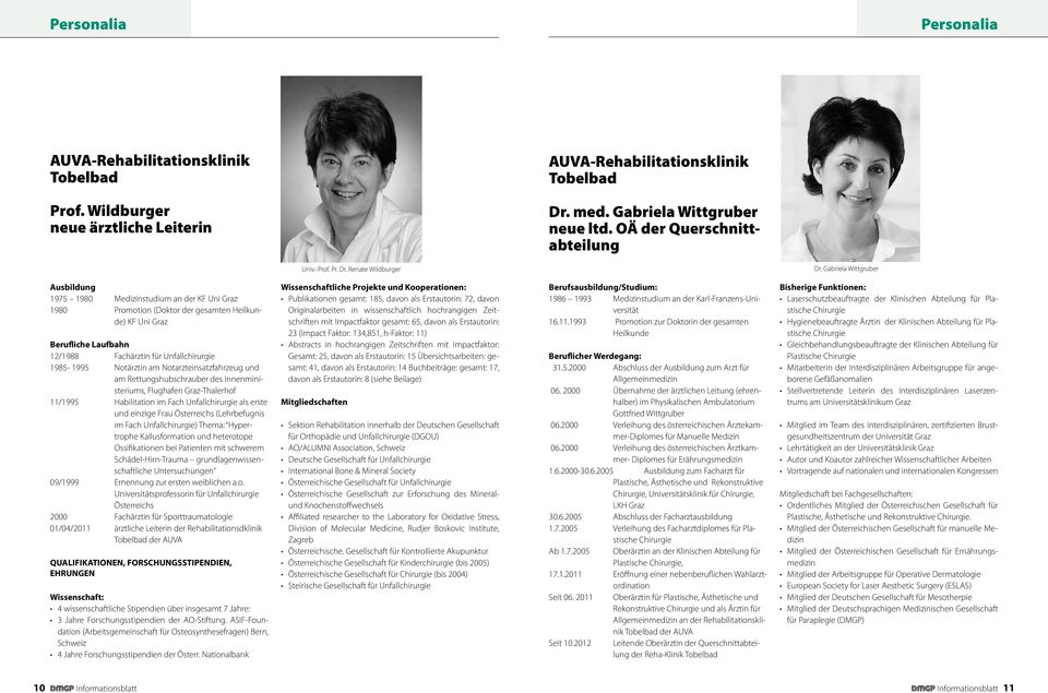 Gabriela Wittgruber Ausbildung 1975 1980 Medizinstudium an der KF Uni Graz 1980 Promotion (Doktor der gesamten Heilkunde) KF Uni Graz Berufliche Laufbahn 12/1988 Fachärztin für Unfallchirurgie