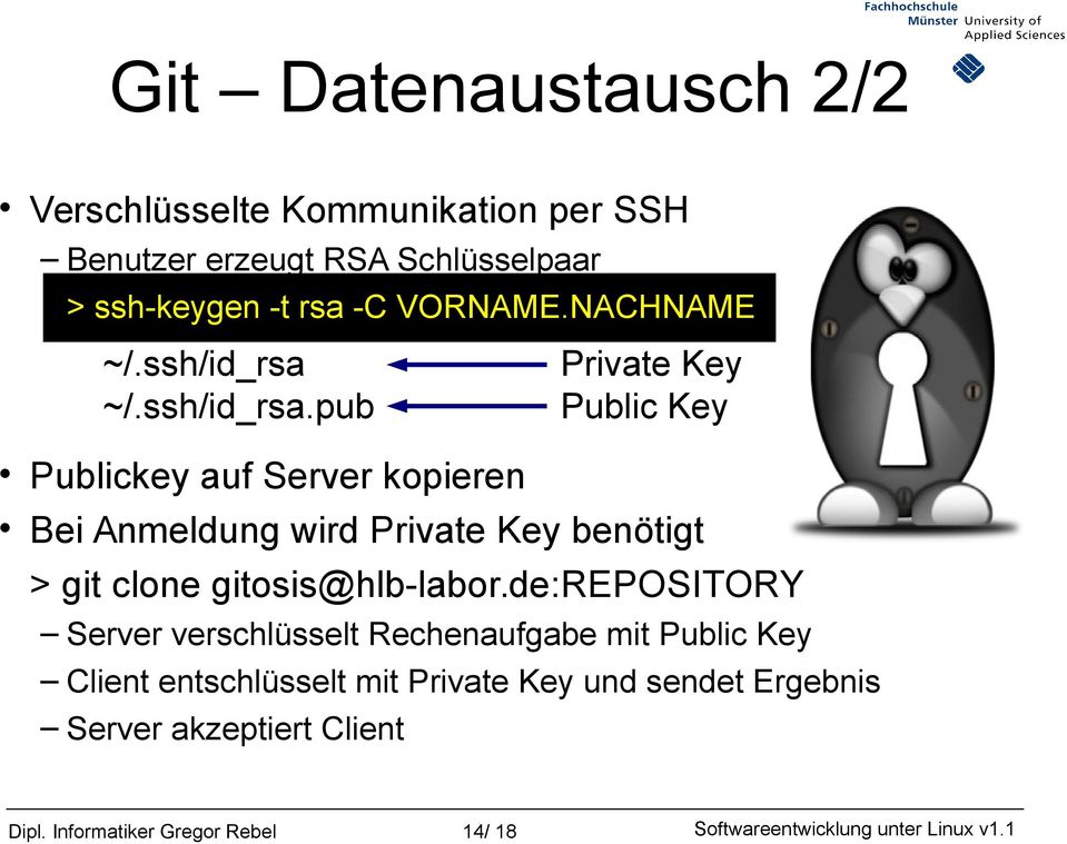 ~/.ssh/id_rsa.pub Publickey auf Server kopieren Bei Anmeldung wird Private Key benötigt > git clone gitosis@hlb-labor.