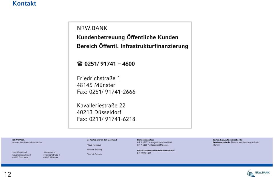 BANK Anstalt des öffentlichen Rechts Vertreten durch den Vorstand Klaus Neuhaus Handelsregister: HR A 15277 Amtsgericht Düsseldorf HR A 5300 Amtsgericht Münster