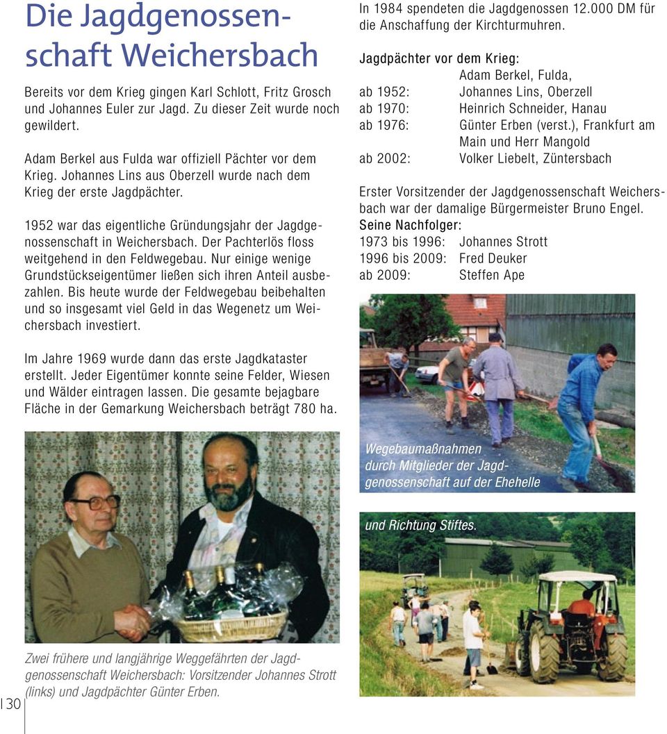 1952 war das eigentliche Gründungsjahr der Jagdgenossenschaft in Weichersbach. Der Pachterlös floss weitgehend in den Feldwegebau.