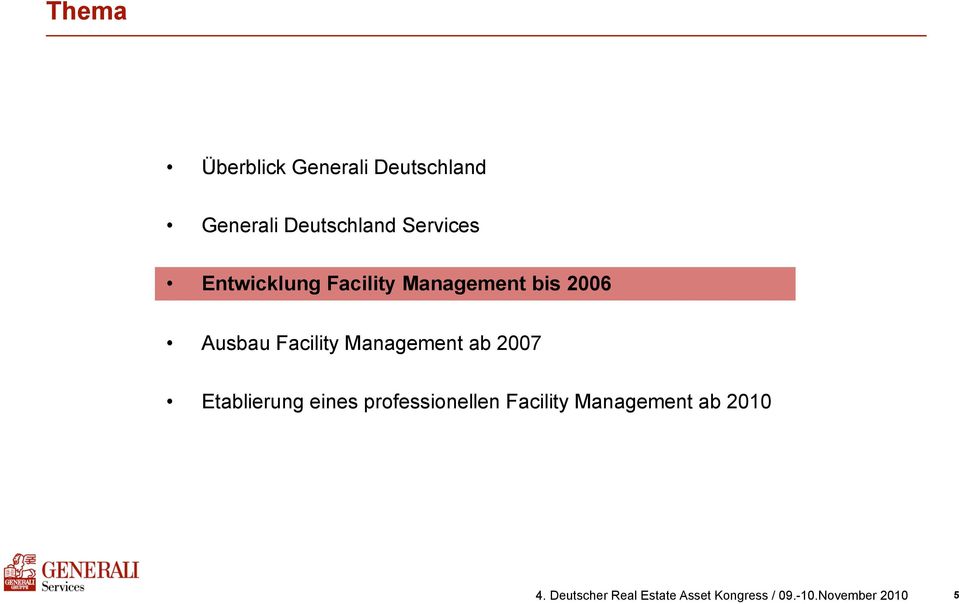 Management bis 2006 Ausbau Facility Management ab