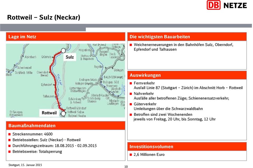 2015 Betriebsweise: Totalsperrung Fernverkehr Ausfall Linie 87 (Stuttgart Zürich) im Abschnitt Horb Rottweil Nahverkehr Ausfälle aller