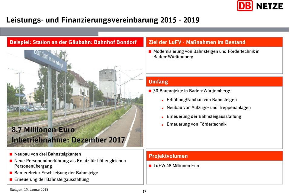 Treppenanlagen Erneuerung der Bahnsteigausstattung 8,7 Millionen Euro Inbetriebnahme: Dezember 2017 Erneuerung von Fördertechnik Neubau von drei Bahnsteigkanten