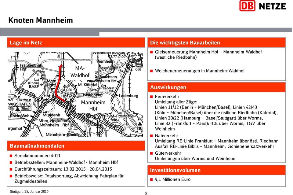 2015 Betriebsweise: Totalsperrung, Abweichung Fahrplan für Zugmeldestellen Fernverkehr Umleitung aller Züge: Linien 11/12 (Berlin München/Basel), Linien 42/43 (Köln München/Basel) über die östliche