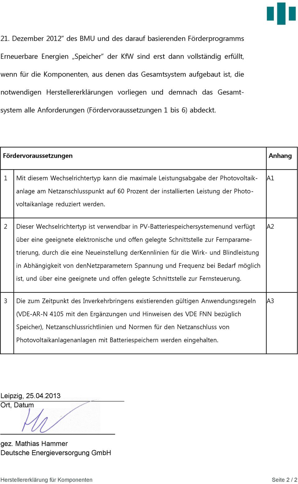 Fördervoraussetzungen Anhang A1 1 Mit diesem Wechselrichtertyp kann die maximale Leistungsabgabe der Photovoltaikanlage am Netzanschlusspunkt auf 60 Prozent der installierten Leistung der