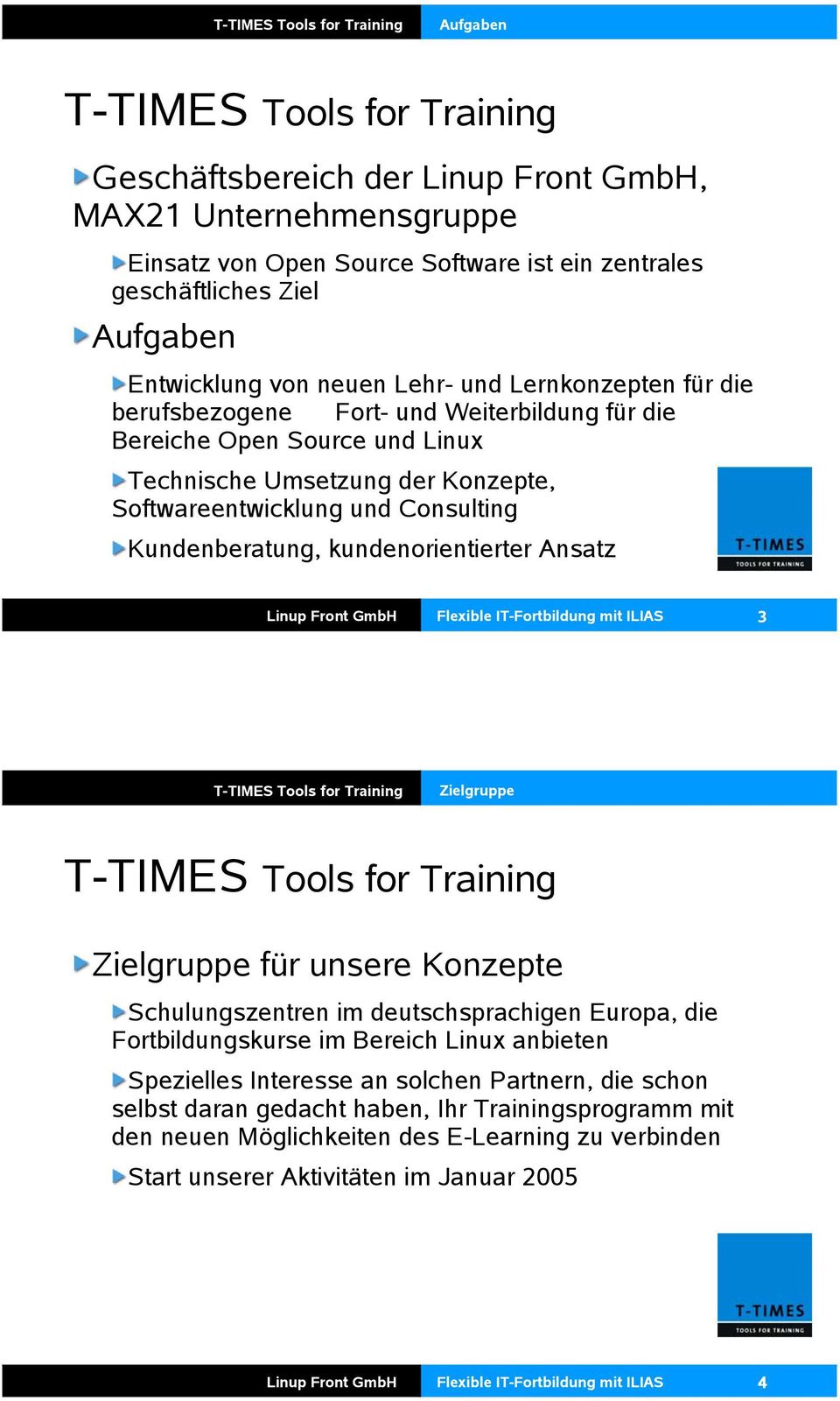 Consulting Kundenberatung, kundenorientierter Ansatz Linup Front GmbH Flexible IT-Fortbildung mit ILIAS 3 T-TIMES Tools for Training Zielgruppe T-TIMES Tools for Training Zielgruppe für unsere