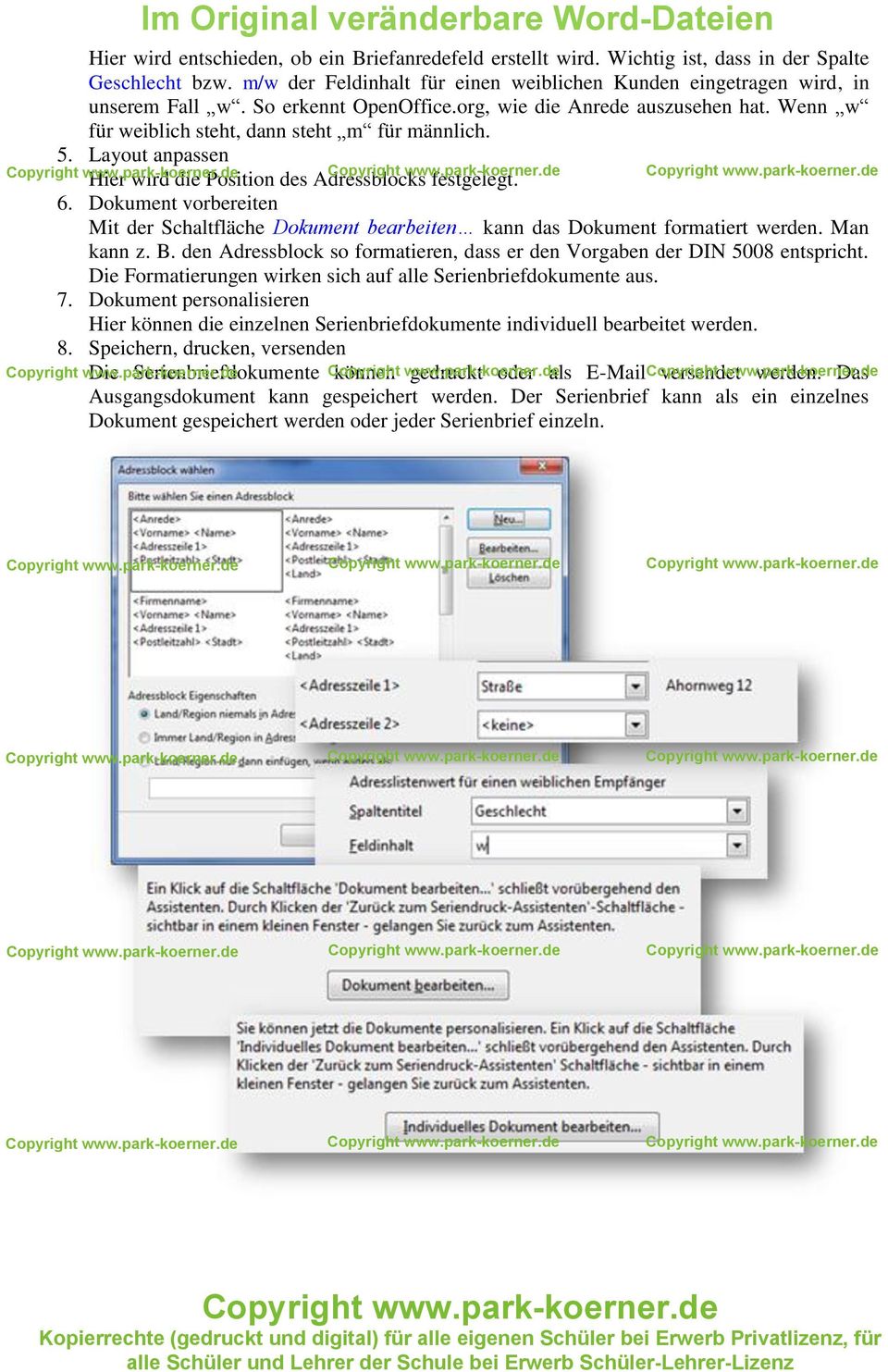 Dokument vorbereiten Mit der Schaltfläche Dokument bearbeiten kann das Dokument formatiert werden. Man kann z. B. den Adressblock so formatieren, dass er den Vorgaben der DIN 5008 entspricht.