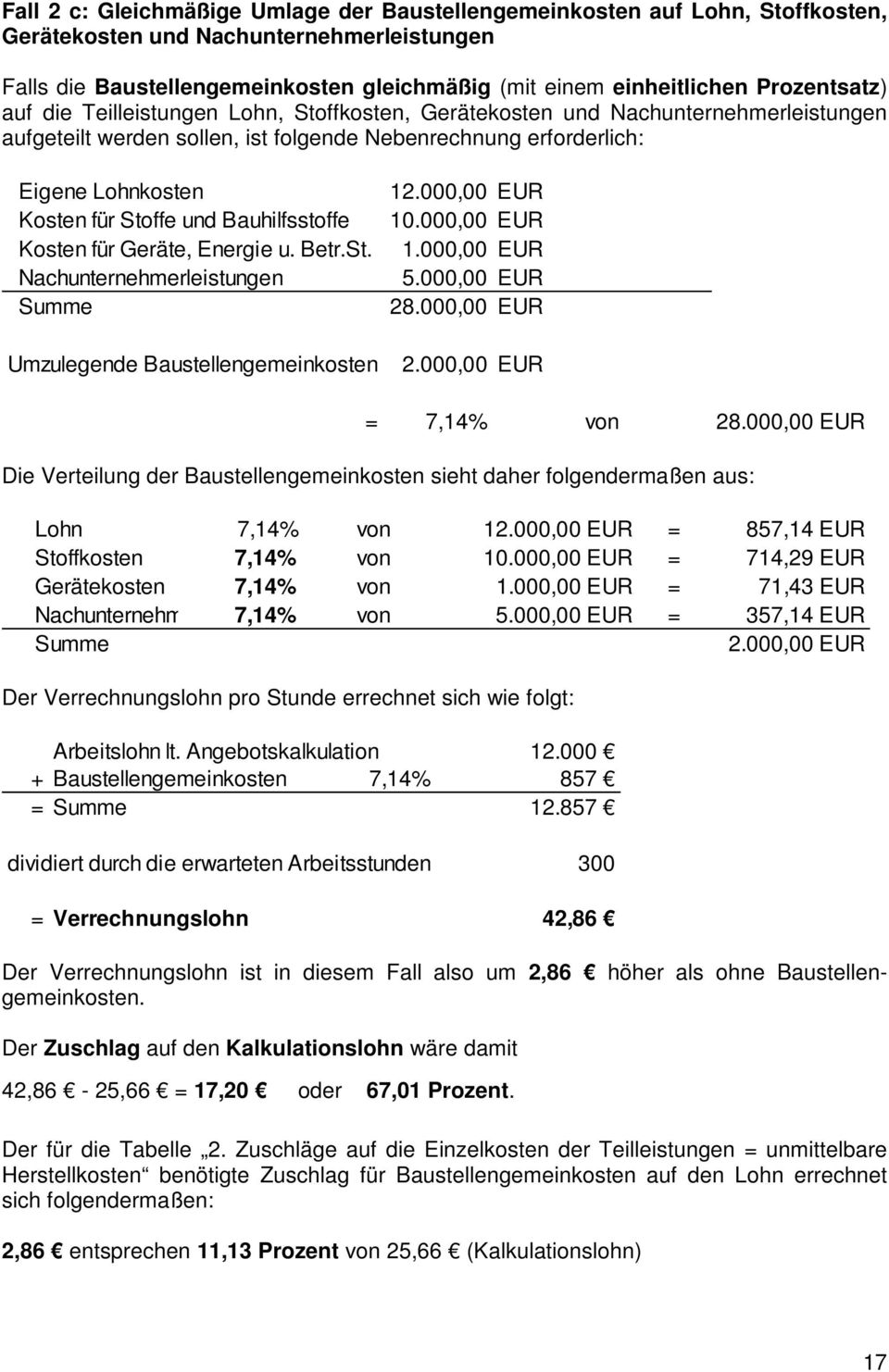 Stoffe und Bauhilfsstoffe Kosten für Geräte, Energie u. Betr.St. Nachunternehmerleistungen Summe Umzulegende Baustellengemeinkosten 12.000,00 EUR 10.000,00 EUR 1.000,00 EUR 5.000,00 EUR 28.