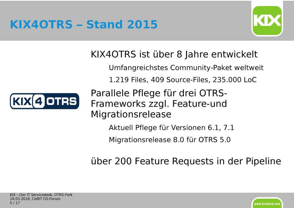 000 LoC Parallele Pflege für drei OTRS- Frameworks zzgl.