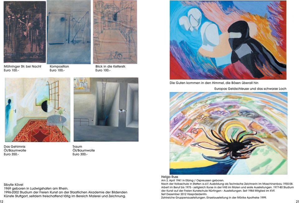 1996-2002 Studium der Freien Kunst an der Staatlichen Akademie der Bildenden Künste Stuttgart, seitdem freischaffend tätig im Bereich Malerei und Zeichnung. Helga Russ Am 2.